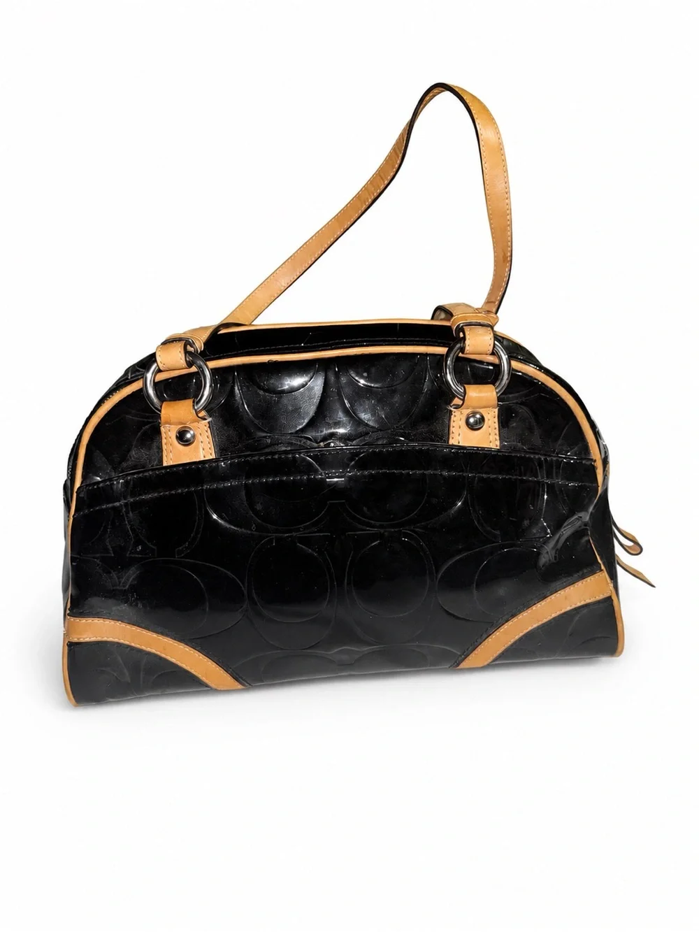 Coach Black Patent Shoulder Bag with Tan Leather Trim